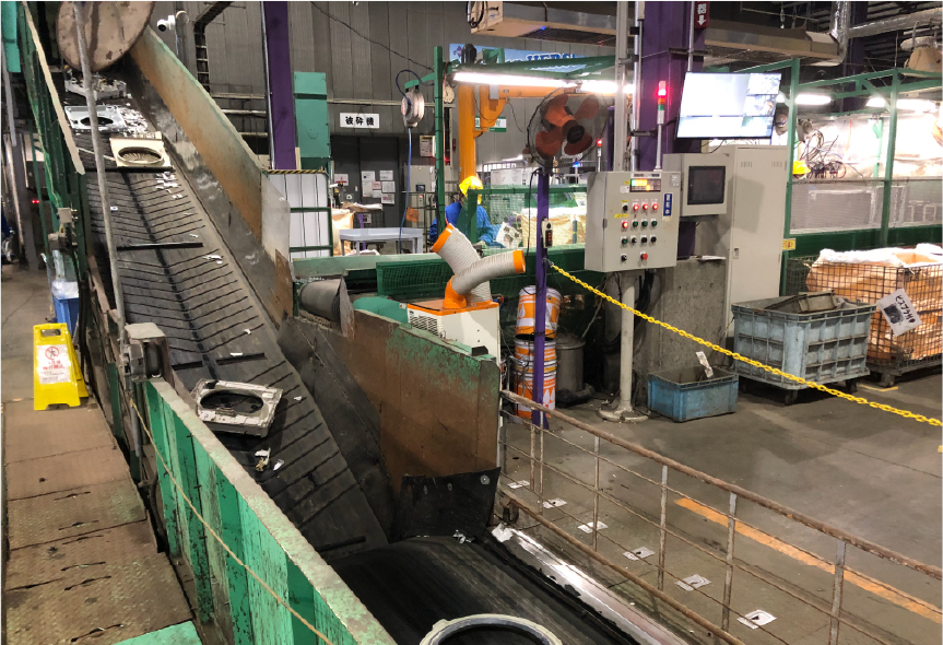 ベルトコンベアで部品をはさい機へ運ぶ